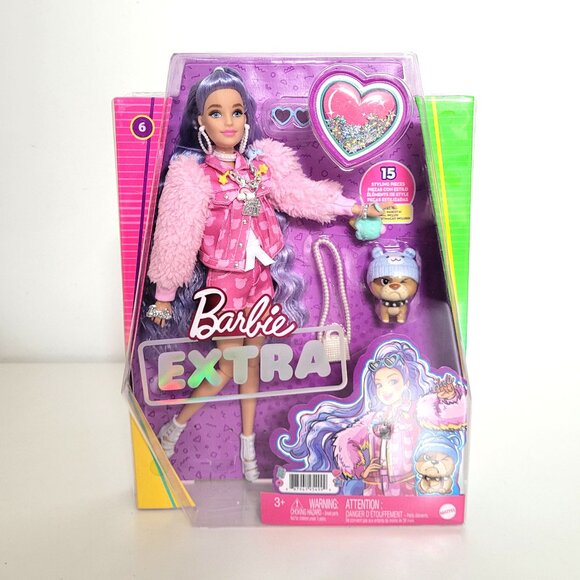 Barbie Extra #6 Purple Hair Doll in Pink Outfit Bulldog Mattel - NRFB - Picture 1 of 2